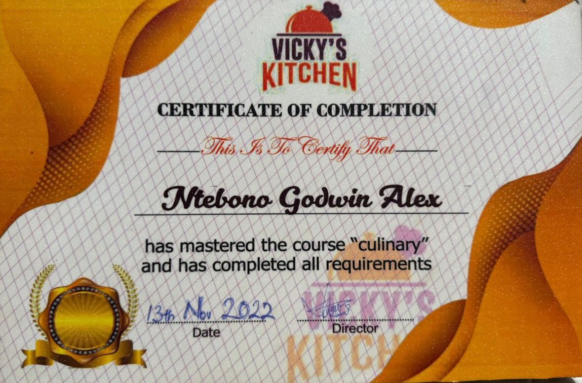Culinary certificate of completion presented to Ntebono Godwin Alex
